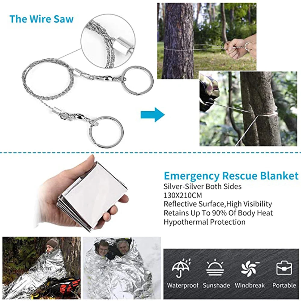 First Aid Kit Multifunction Outdoor Adventure Survival Kit SOS Emergency Survival Tool Traveling Camping Hiking Hunting Tool box Peaceful Pleasures Health and Wellness