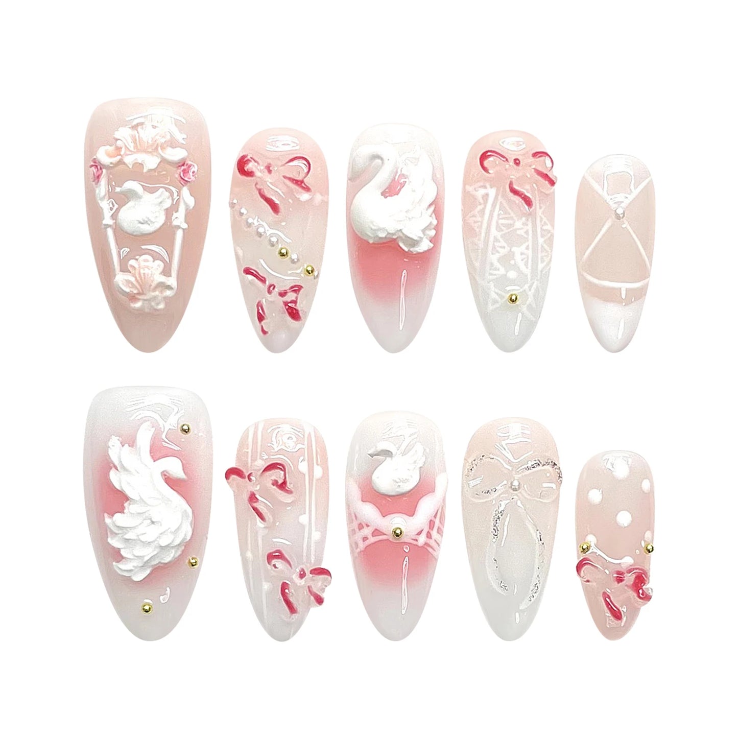 Light Pink Almond Press On Nails | 3D Swan French Tips