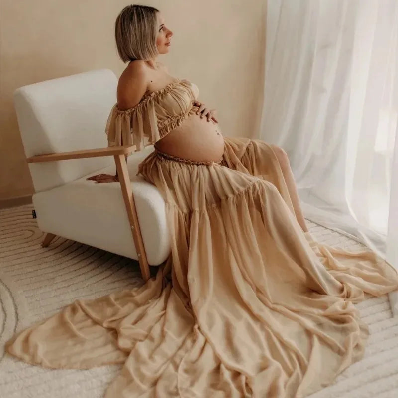 Maternity Photoshoot Dress 2 Piece Set - Off The Shoulder Chiffon Gown with High Slit, Elastic Strapless Nursing Top,Baby Shower Peaceful Pleasures Health and Wellness