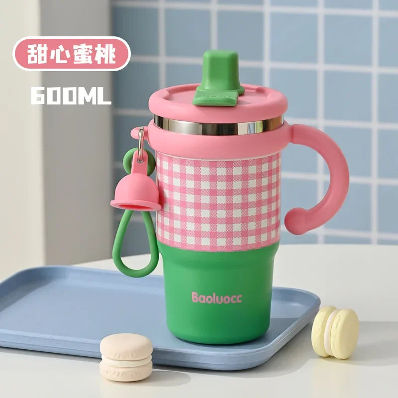 Insulated Cup Stainless Steel Insulated Ice Cream Cup Double Drinking Student Straw Water Cup Large Capacity High Beauty Cup New Peaceful Pleasures Health and Wellness Sweetheart peach 600ML