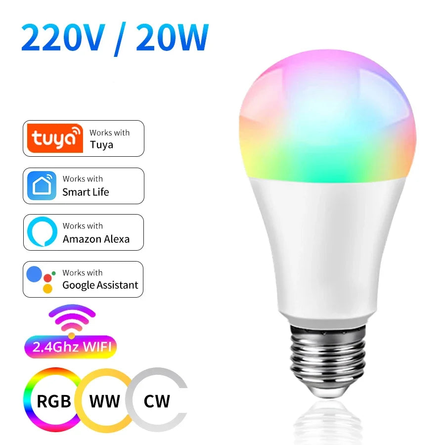 220V 110V 10W 15W 20W Tuya WiFi LED Light Bulb RGB+WW+CW E27 Smart Alexa Lamp Compatible with Alexa Google Home Smart Life APP Peaceful Pleasures Health and Wellness 220V 20W Yes