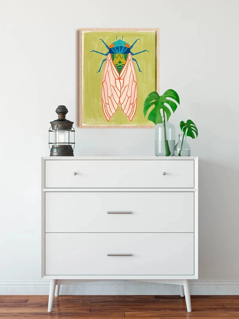 Modern Botanical Cicada Canvas Wall Art Print | Bug Poster