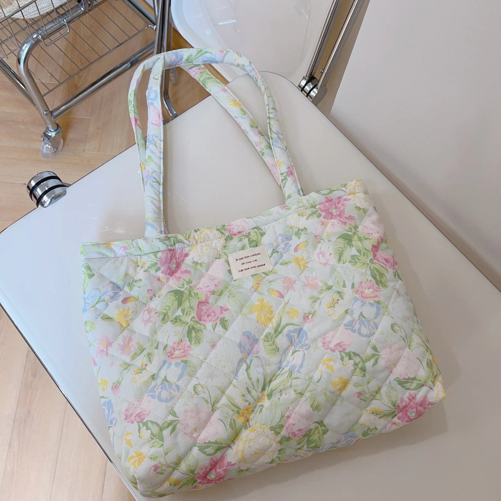 French Floral Quilted Tote Bag for Women Large Capacity Shoulder Handbag with Cotton Li-ning Stylish Mommy and Book Bag Peaceful Pleasures Health and Wellness