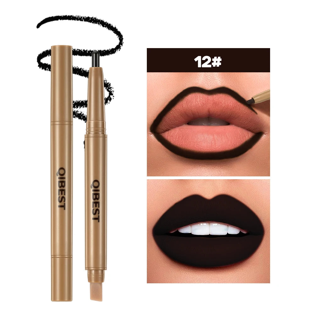 QIBEST Double Head Lip Liner&Brush Pen Mist Matte Velvet Contour Tint Lipstick Pencil Long Lasting Nude Brown Natural Lip Makeup Peaceful Pleasures Health and Wellness 12