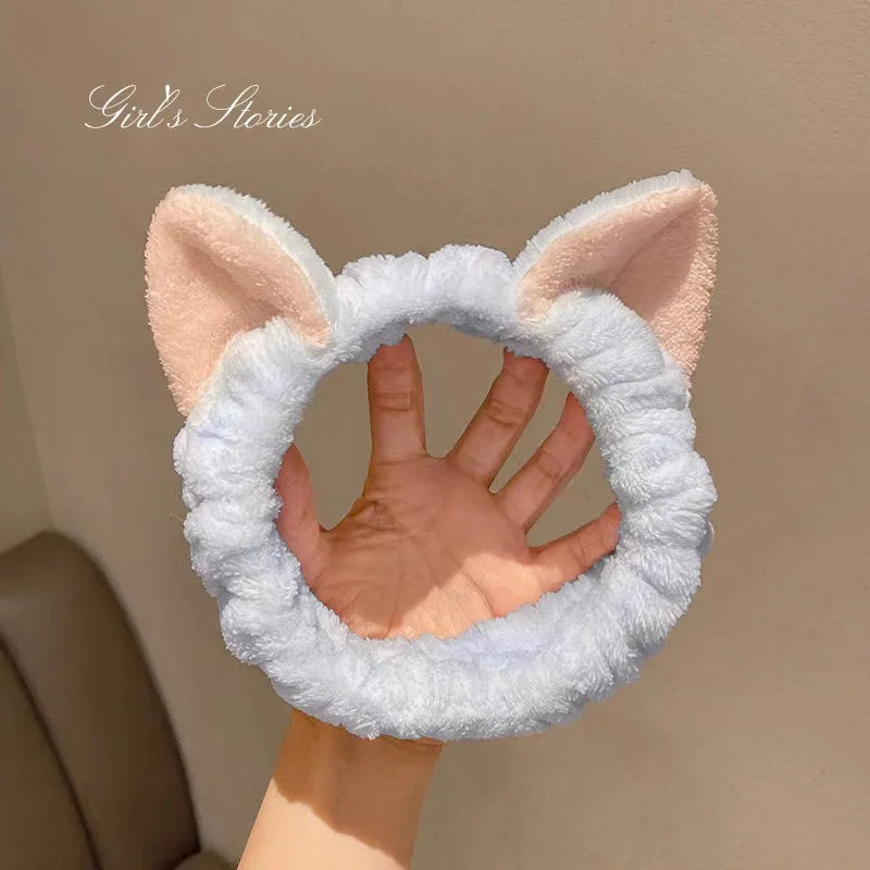 Cat Ear Coral Plush Headband – Soft Bow Makeup Hair Band