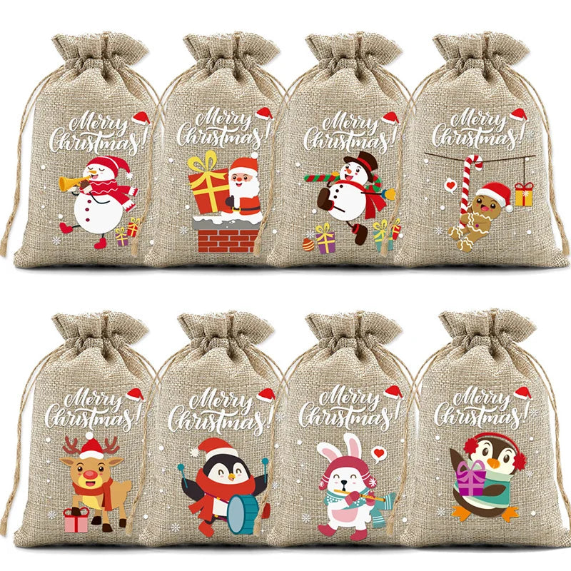 6/12PCS Christmas Linen Drawstring Bags Candy Biscuits Pouchs Burlap Bracelet Jewelry Storage Bags Gift Packaging Bags Peaceful Pleasures Health and Wellness Christmas 8PC 10x14cm