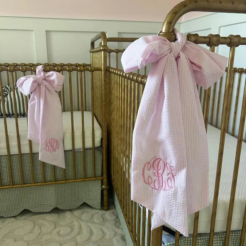 Personalized Seersucker Bow Sash Baby Blanket | Shower Gift