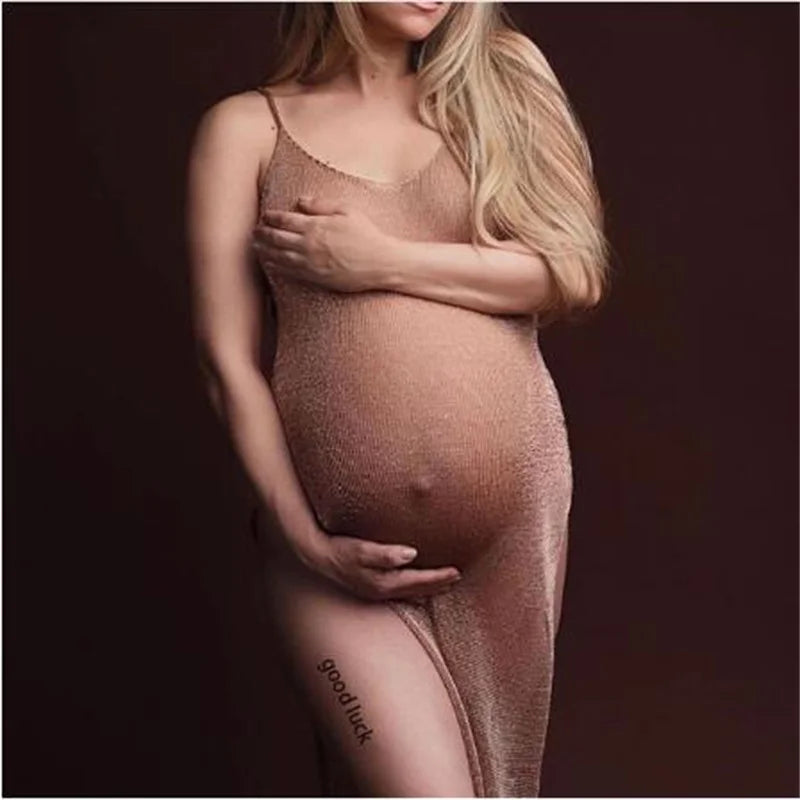 Pregnancy Dress Shoot Gold Knitted Maternity Dresses for Photo Shoot Robe Transparent hollowed Clothing Props Peaceful Pleasures Health and Wellness