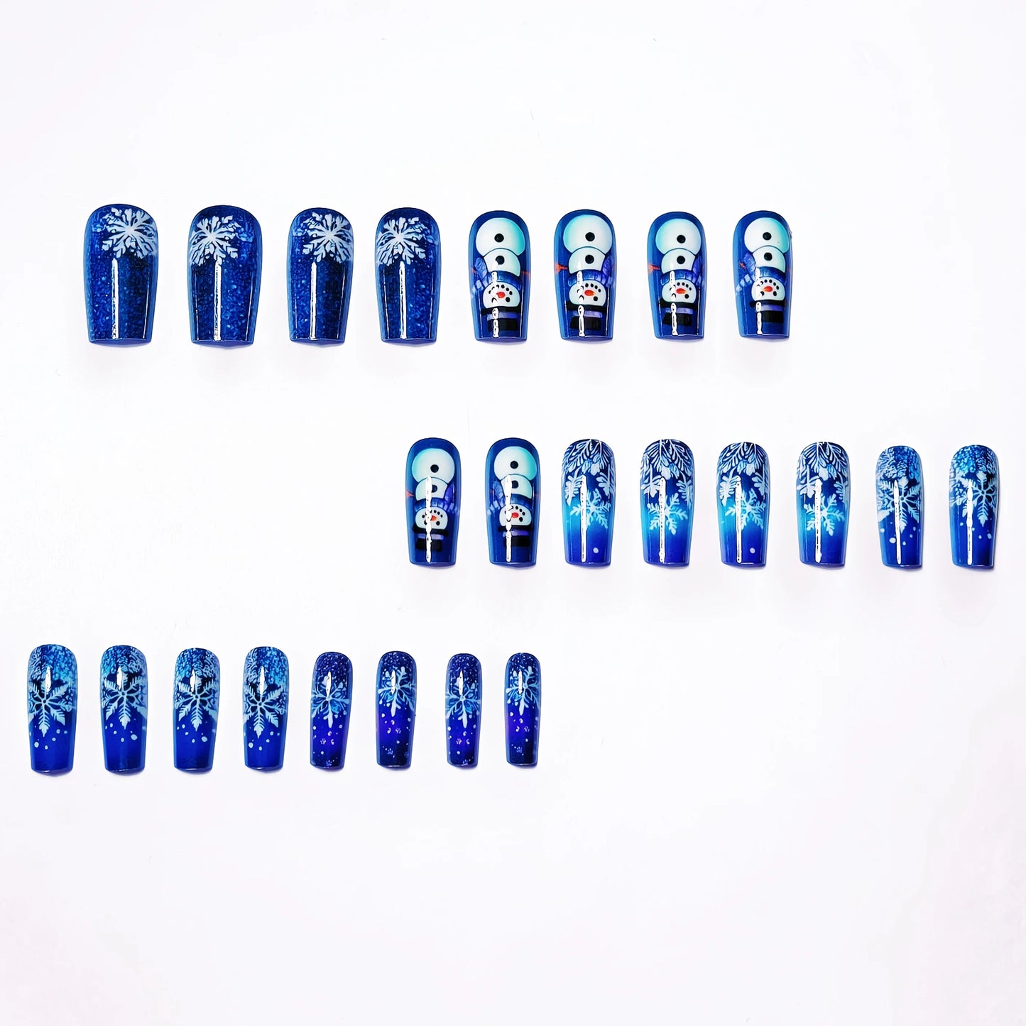 4 pieces of shimmering blue-purple gradient Christmas nail stickers with snowflakes and snowman designs – medium-length, glossy Peaceful Pleasures Health and Wellness