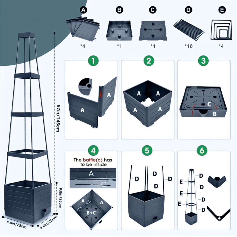4-Tier Self-Watering Planter Tower with Trellis | Raised Garden Bed