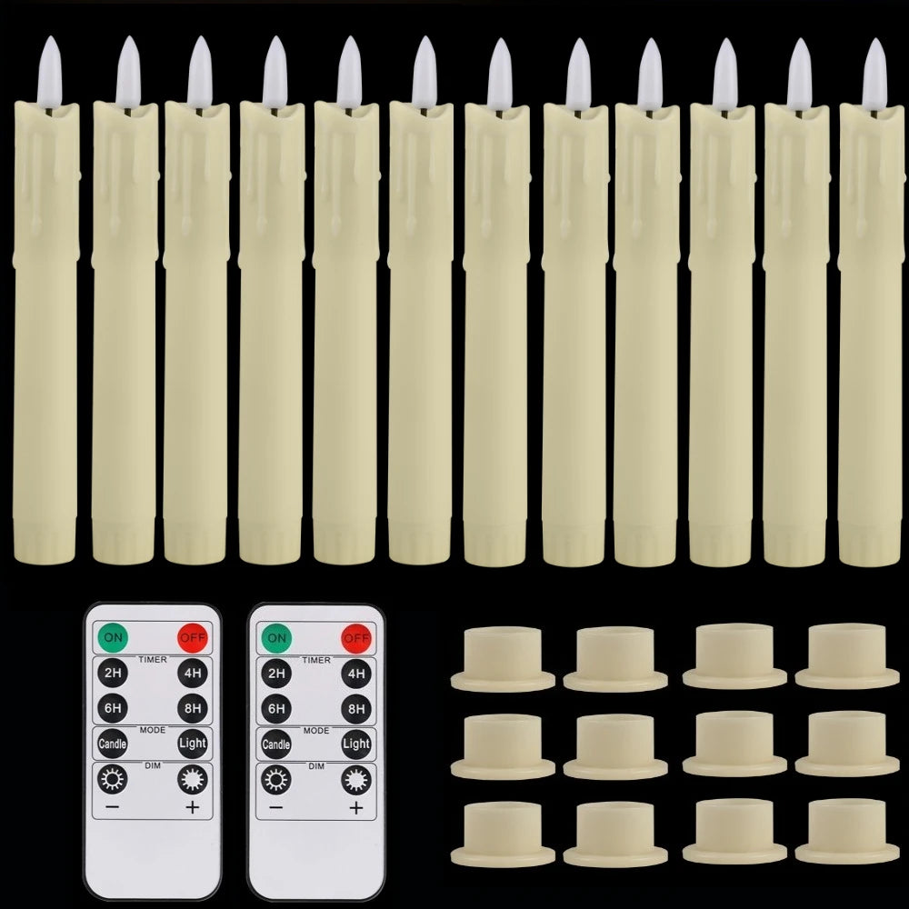 Pack of 6/12/24pc LED Flameless Flickering Taper Candles with Remote Ivory Candlesticks for Xmas Wedding Fireplace Decoration Peaceful Pleasures Health and Wellness 12pc Ivory