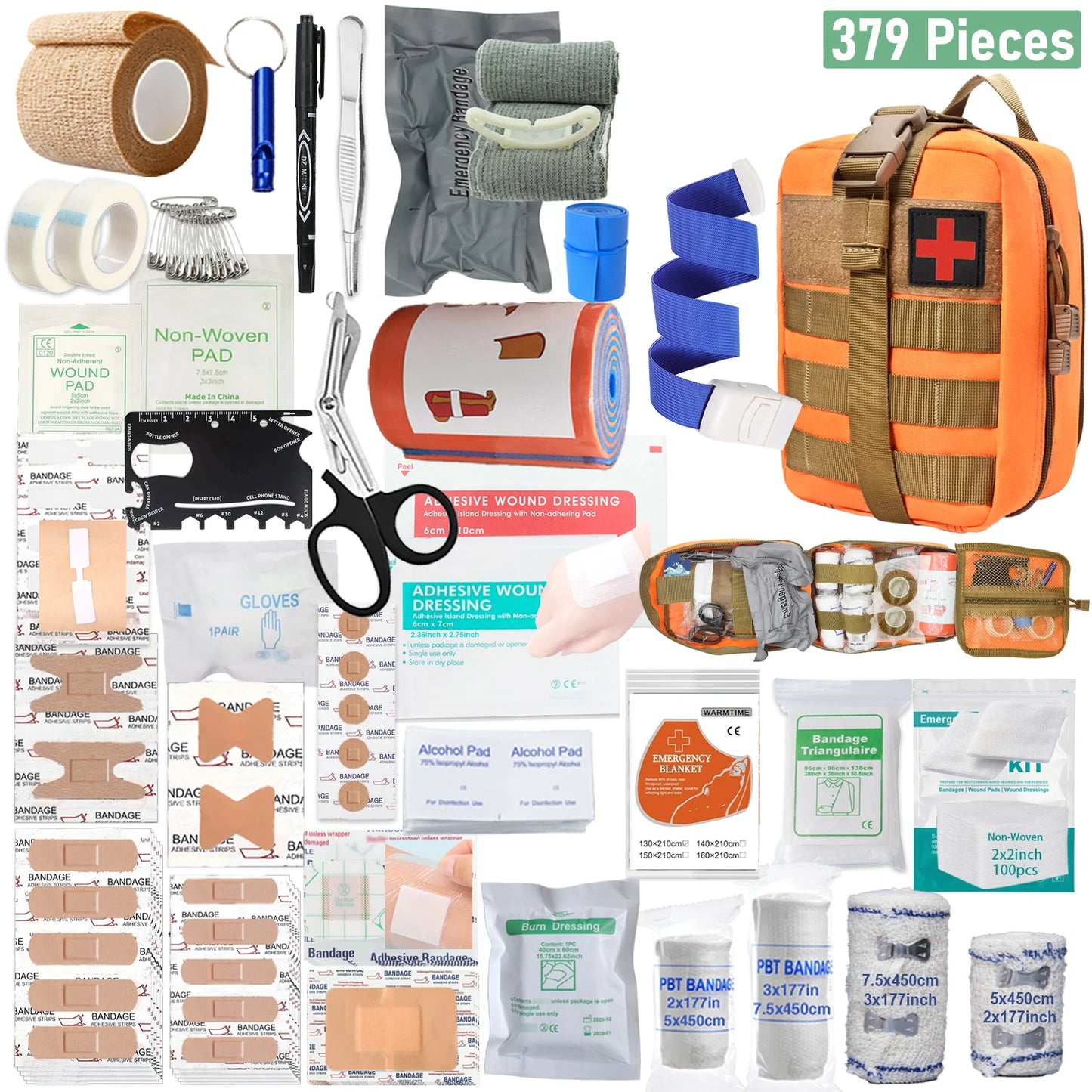 379pcs Home Office First Aid Kit Portable Emergency Bag, Red Survival Carry-On for Outdoor Activities, Camping, Hunting, Hiking Peaceful Pleasures Health and Wellness Orange-379pcs