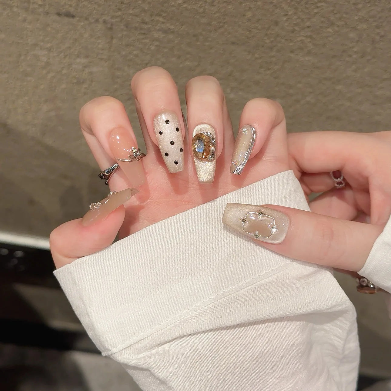 Handmade Cat Eye Press On Nails | Crystal Korean Nude Style