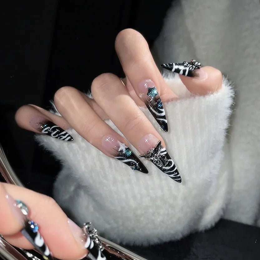 Handmade Press on Nails Punk Cool European False Nails Heavy Metal Angel Skull Decor Long Pointed Black Fake Nail Patches Peaceful Pleasures Health and Wellness