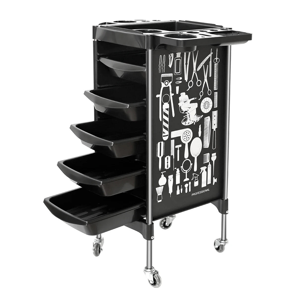 Salon Trolley Cart on Wheels Multifunction 5 Drawer Hair Stylist Rolling Cart Professional Hairdresser Hair Dye Storage Tools Peaceful Pleasures Health and Wellness black