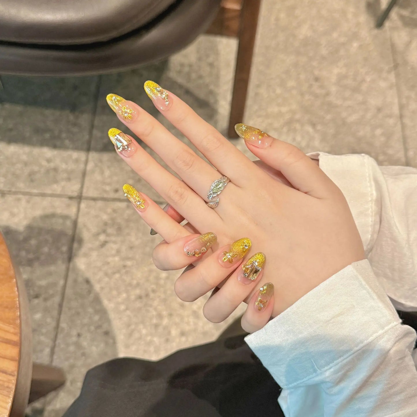 Gold French Cat Eye Press-On Nails – Crystal Flower Tips