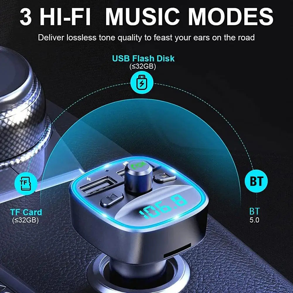 Bluetooth 5.0 Dual USB Port Charging Hands-free Calling Blue LED Light Fast Charging FM Transmitter Car Adapter Car Accessories Peaceful Pleasures Health and Wellness