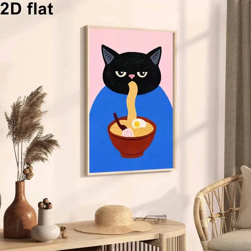 Black Cat Ramen Canvas Wall Art Print | Funny Home Decor