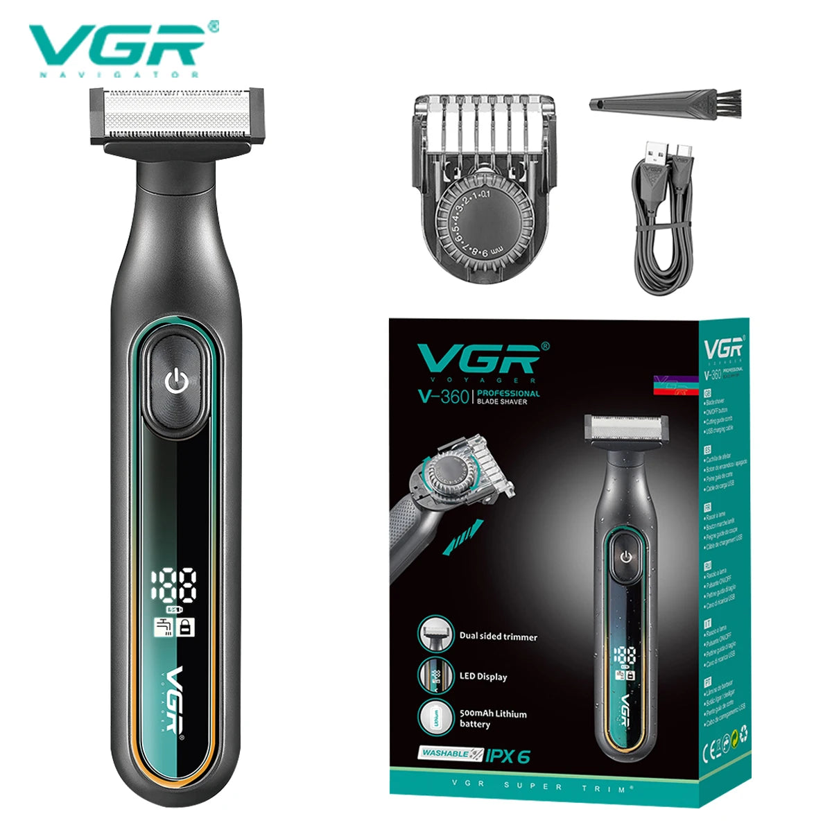 VGR 360 Hair Trimmer Cordless Beard Shaver Professional Hair Cutting Machine Waterproof 2 In 1 Digital Display Trimmer for Men Peaceful Pleasures Health and Wellness 360 green