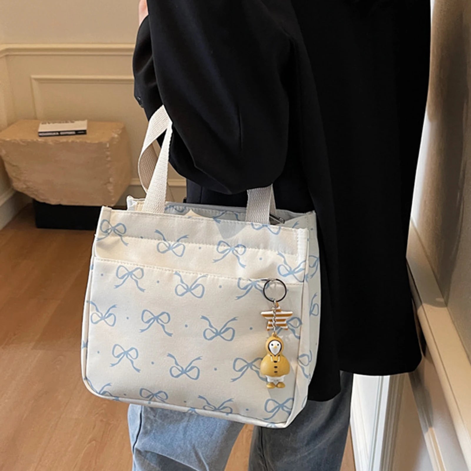Canvas Lunch Bag With Bow Pattern Pendant Lightweight Bento Tote For Women For Office Commute Travel Picnic Food Storage Peaceful Pleasures Health and Wellness