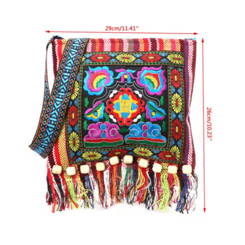 Ethnic Embroidered Linen Crossbody Bag | Tassel Bead Shoulder