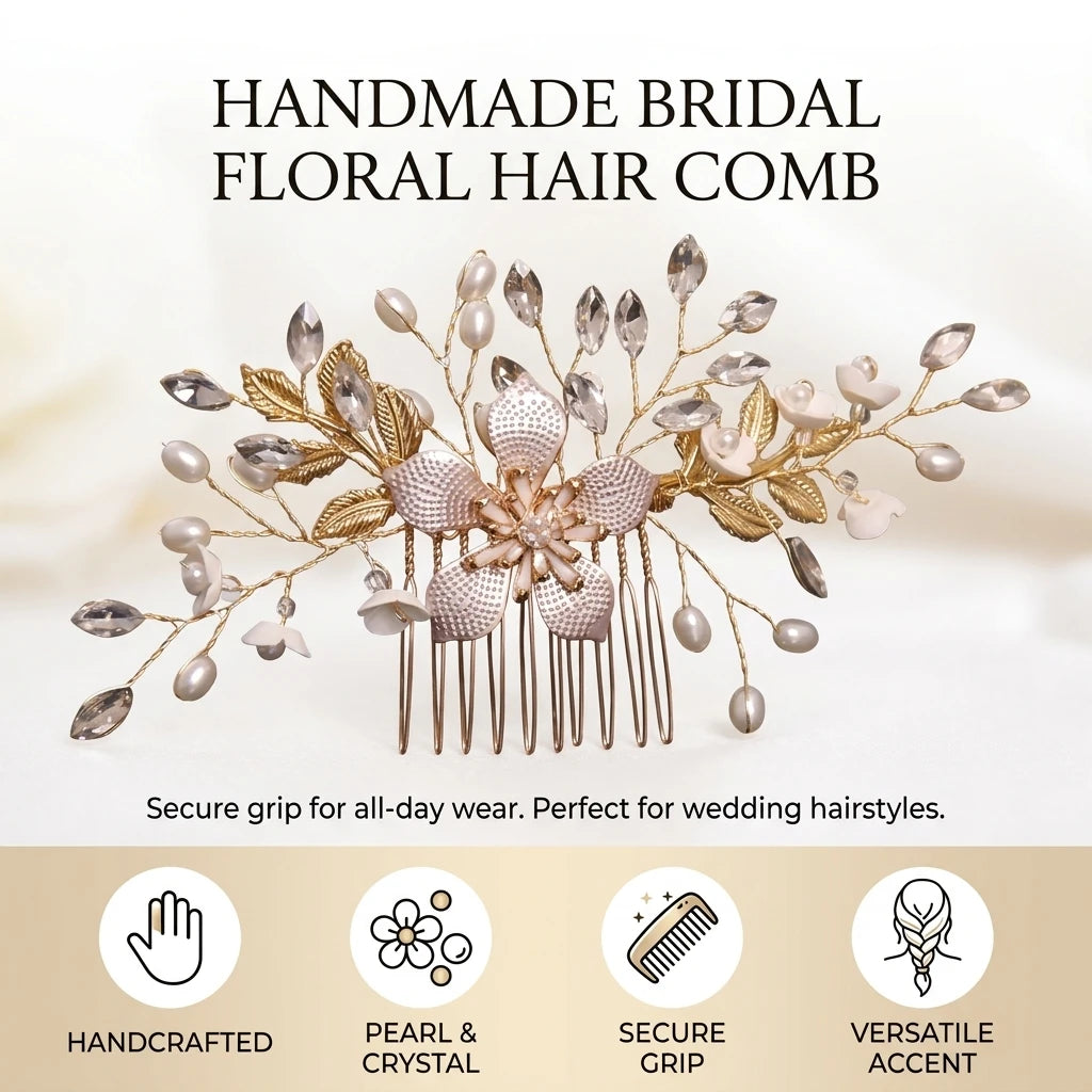 Bridal Flower Pearl Hair Comb Elegant Side Bun Wedding Accessory Peaceful Pleasures Health and Wellness