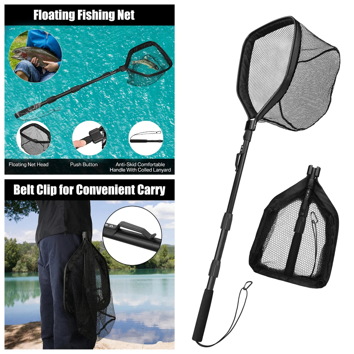 Fishing Landing Net with Telescopic Pole Anti-Slip Handle Collapsible Fishing Net for Saltwater Freshwater Fishing Hand Net Peaceful Pleasures Health and Wellness