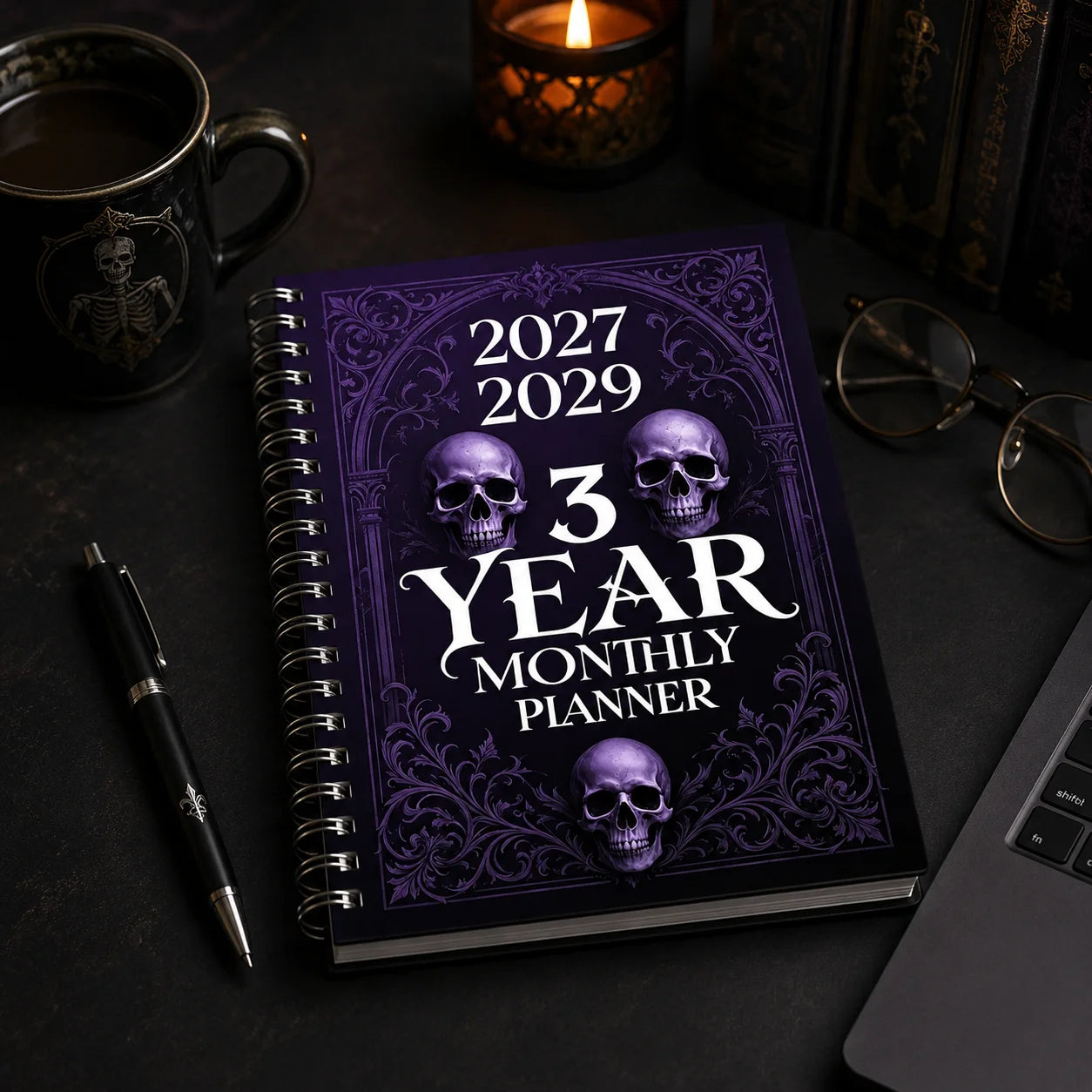 2027 2029 3 Year Monthly Planner Gothic Skull Spiral Journal