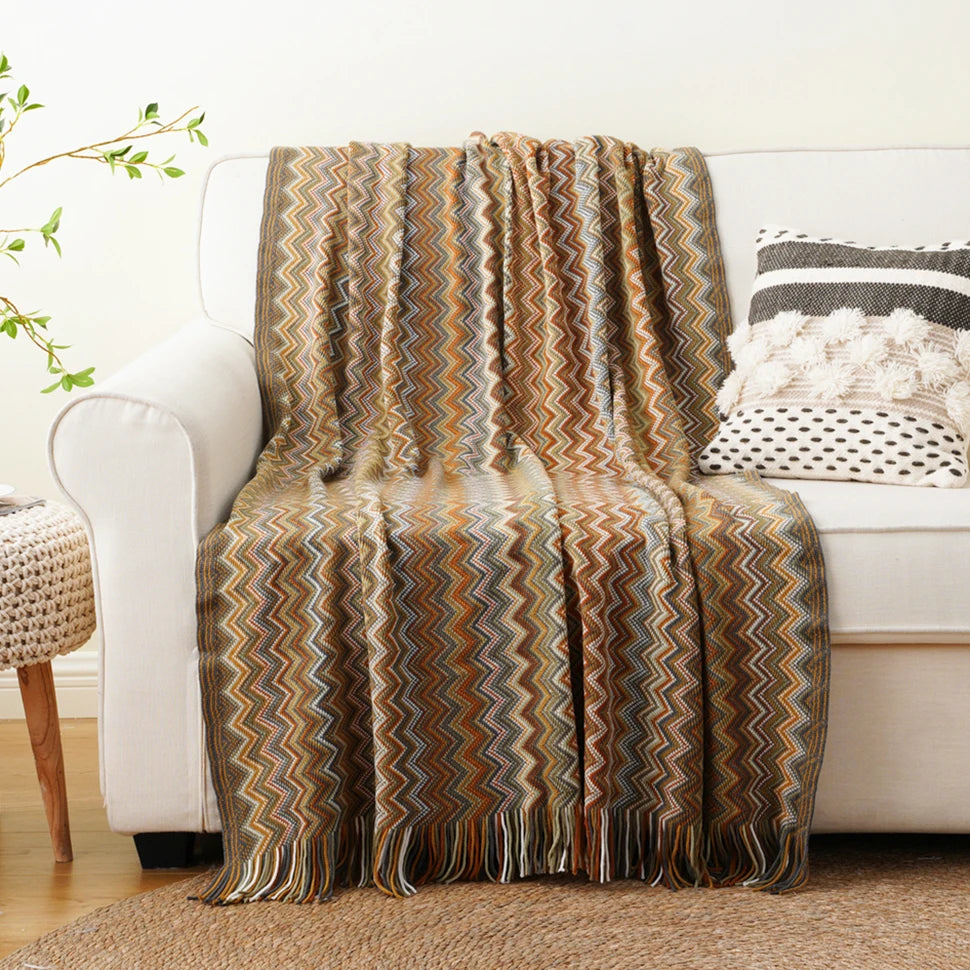 Battilo Boho Throw Blanket Lightweight Knit Throw With Tassels Bohemian woven Sofa Blankets Soft Bed Plaid Decorative Blanket Peaceful Pleasures Health and Wellness Yellow 130x200cm