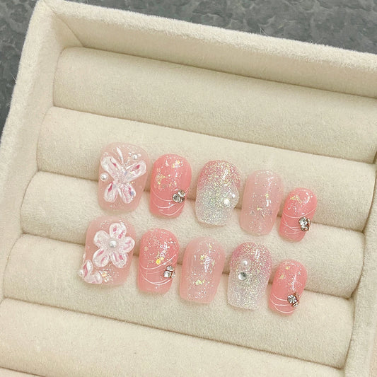 Handmade French Floral Press On Nails – Short Reusable Resin Set Press On Nails Peaceful Pleasures Health and Wellness