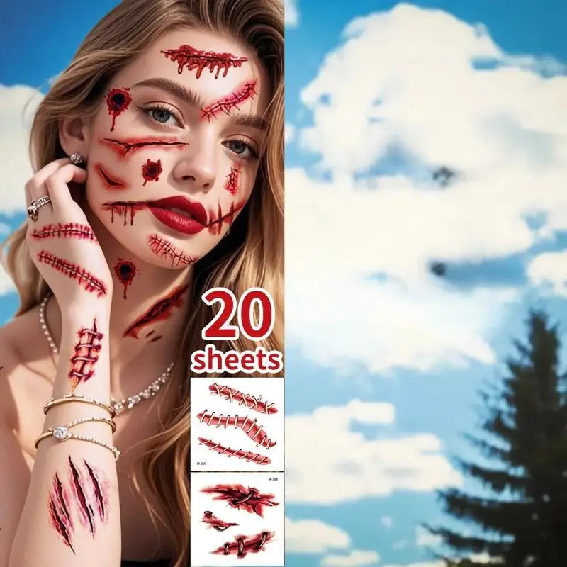 20 Sheets 3D Realistic Scar Tattoos - Waterproof Fake Bloody Wound Stickers For Halloween Cosplay Face & Body Makeup Adults Peaceful Pleasures Health and Wellness