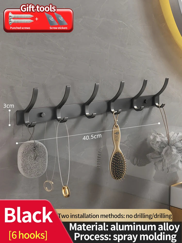 No-Drill 6-Hook Aluminum Wall Coat Hanger Rack | Bedroom & Kitchen
