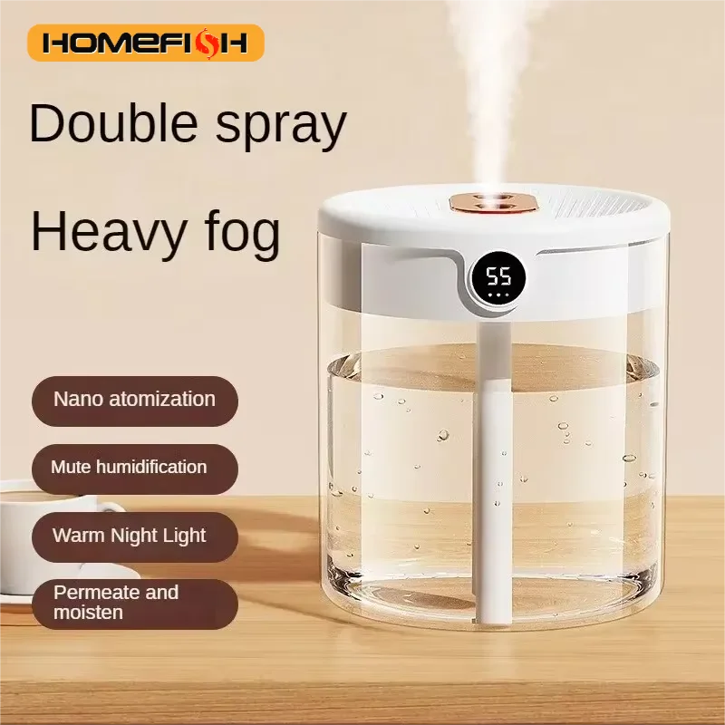 HOMEFISH 2L Dual Spray USB Humidifier | LED Display Night Light