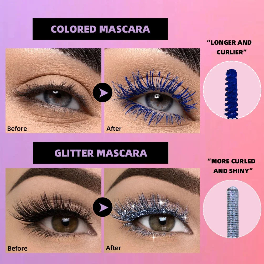 QIBEST Double Ended Colorful Mascara Eyelashes Extension Thick Curling Quick Dry Long Lasting Blue Purple White Glitter Mascara Peaceful Pleasures Health and Wellness