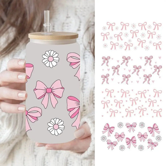 New Waterproof UV DTF Transfer Sticker Clear Smooth Pink Bow Decals Water Bottles Sticker For 16Oz Glass Cup Peaceful Pleasures Health and Wellness
