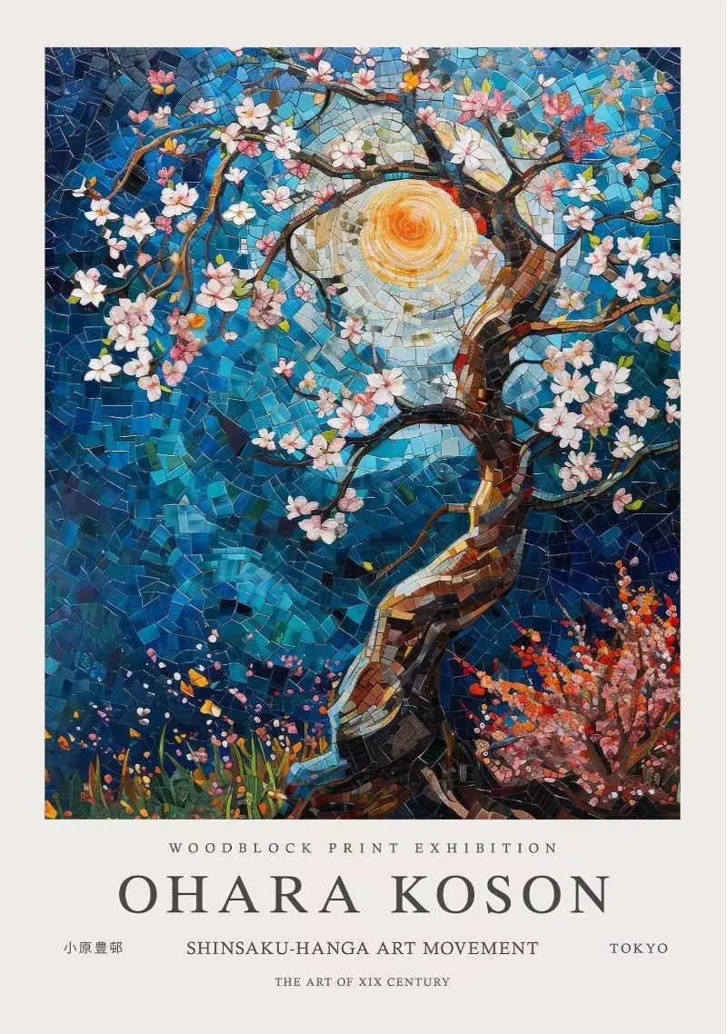 William Morris Whale & Peacock Retro Sunset Canvas Wall Art