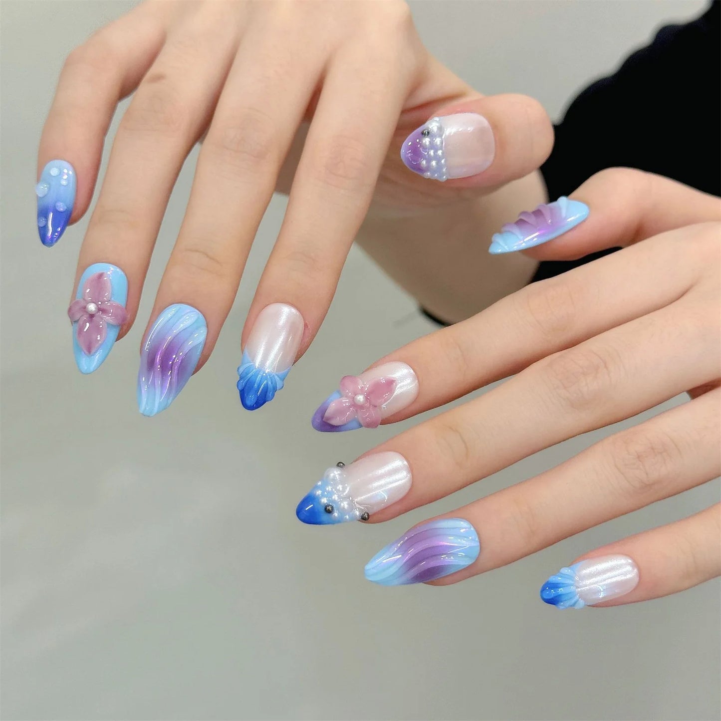 Aurora Press On Nails 3D Flower Glitter Pearl Almond Set 10pcs Press On Nails Peaceful Pleasures Health and Wellness