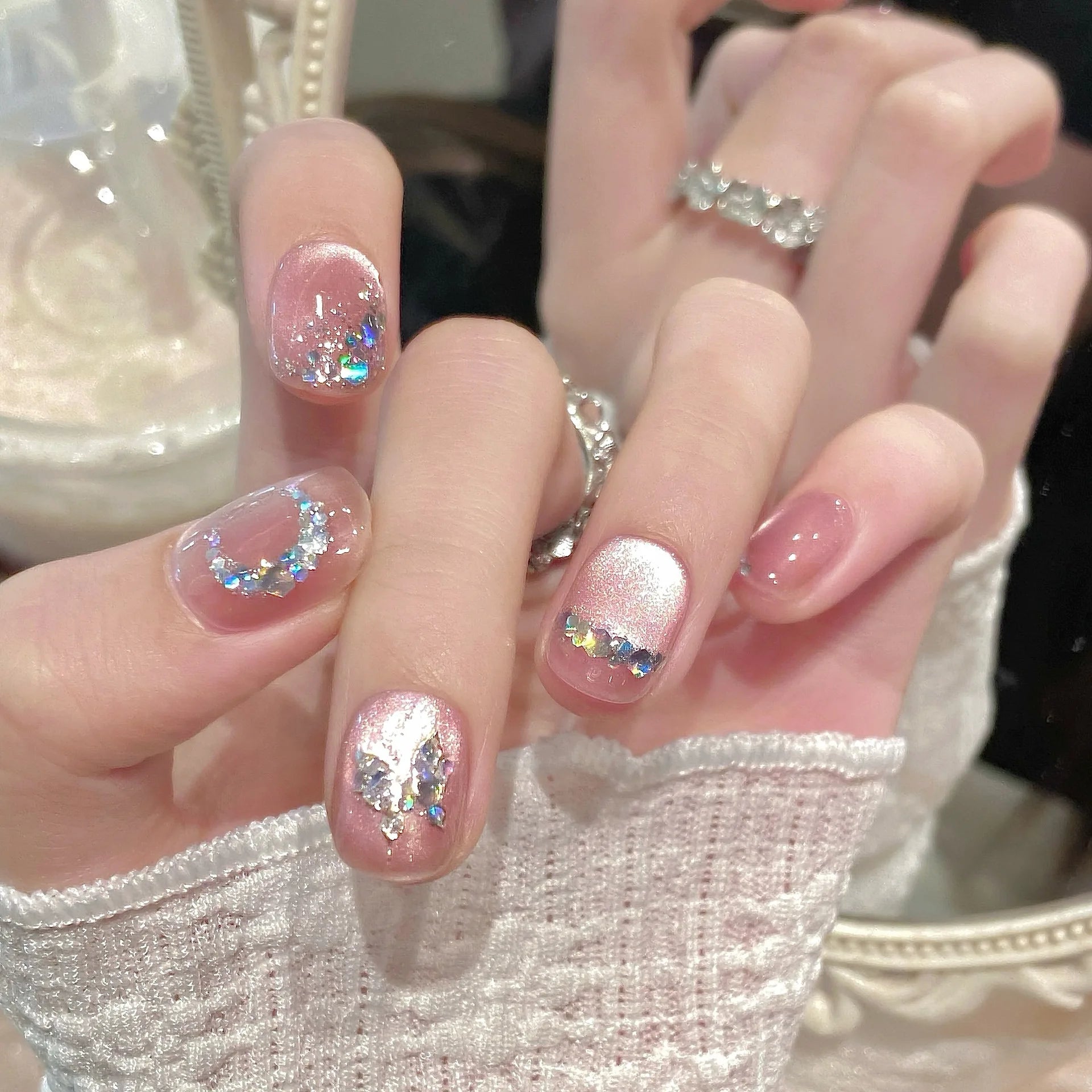 Handmade Press on Nails Sweet Pink Cat Eye Fake Nails with Colorful Diamond Design Full Cover Wearable Korean Cute False Nails Peaceful Pleasures Health and Wellness