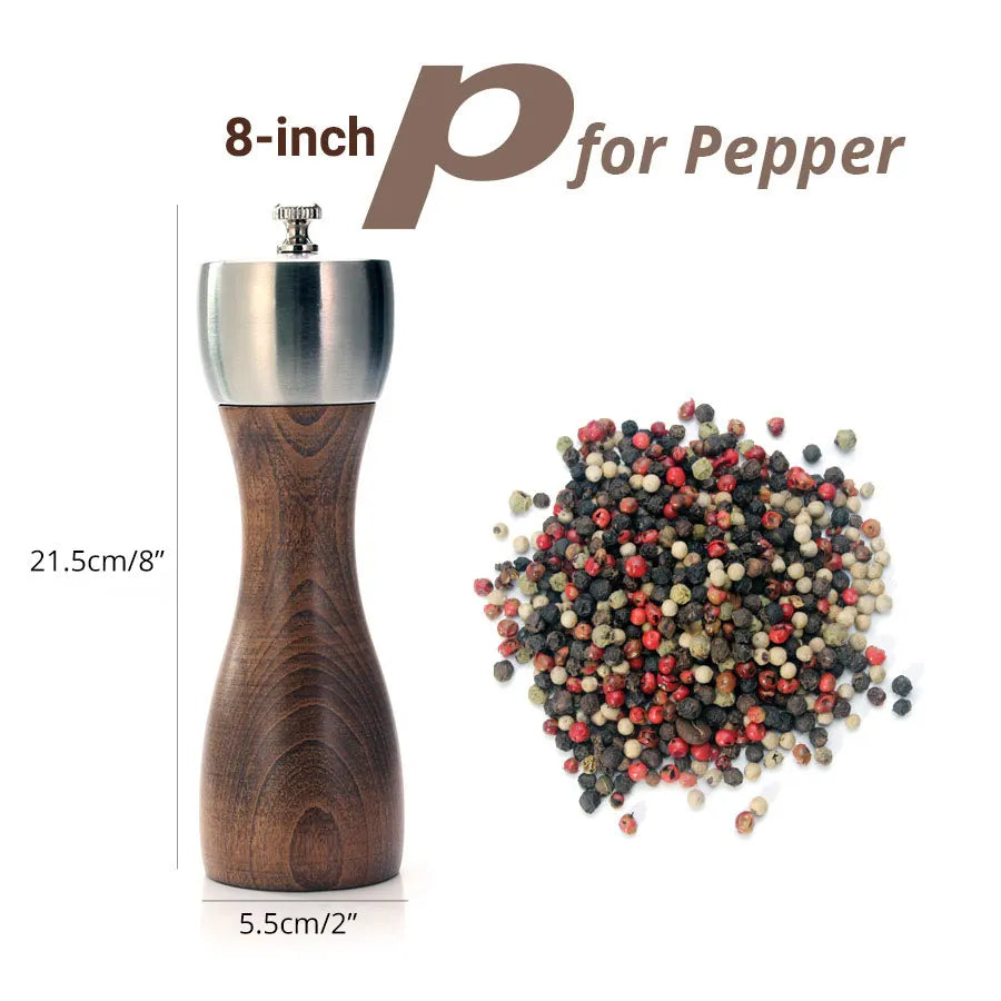 Premium Beech Pepper Mill, Salt and Pepper Grinder - Precision Carbon Steel Rotor Use for Peppercorn, Sea Salt, Pepper Peaceful Pleasures Health and Wellness 8 inch for pepper