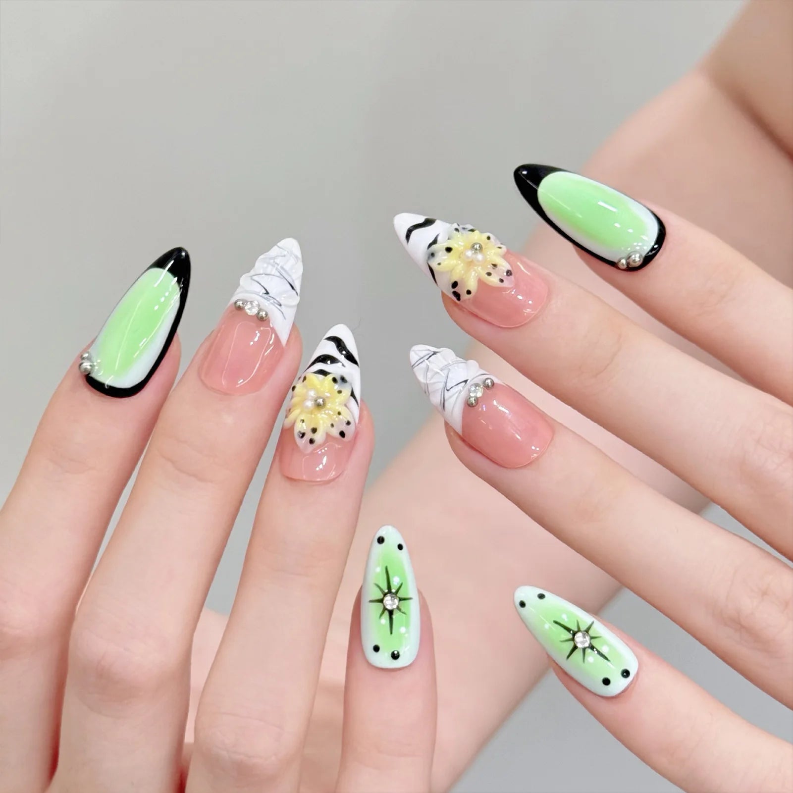 Handmade Press On Nails – 3D Flowers Cat's Eye Long False Tips Press On Nails Peaceful Pleasures Health and Wellness