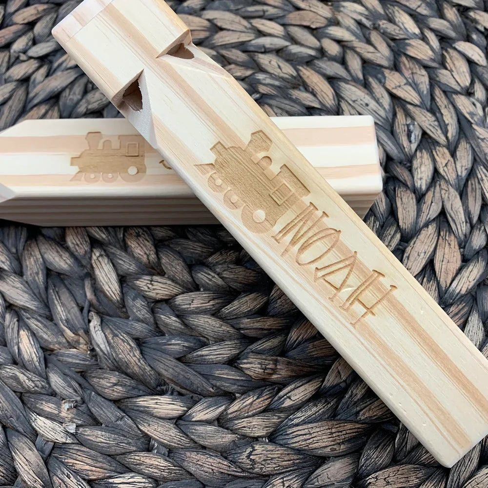 Personalized Engraved Wooden Train Whistle Toy Set – 5 Pack