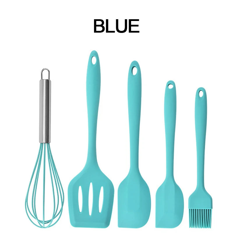 Silicone Kitchenware Cooking Utensils Set Non-stick Cookware Spatula Shovel Egg Beaters Wooden Handle Kitchen Cooking Tool Set Peaceful Pleasures Health and Wellness BLUE