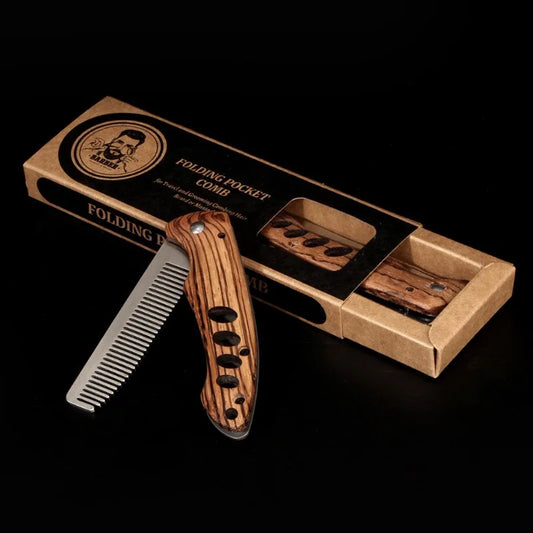 Solid Wood & Metal Folding Beard Comb for Men, Portable Pompadour Styling Grooming Kit, Barber-Grade Travel Hair Mustache Comb Peaceful Pleasures Health and Wellness