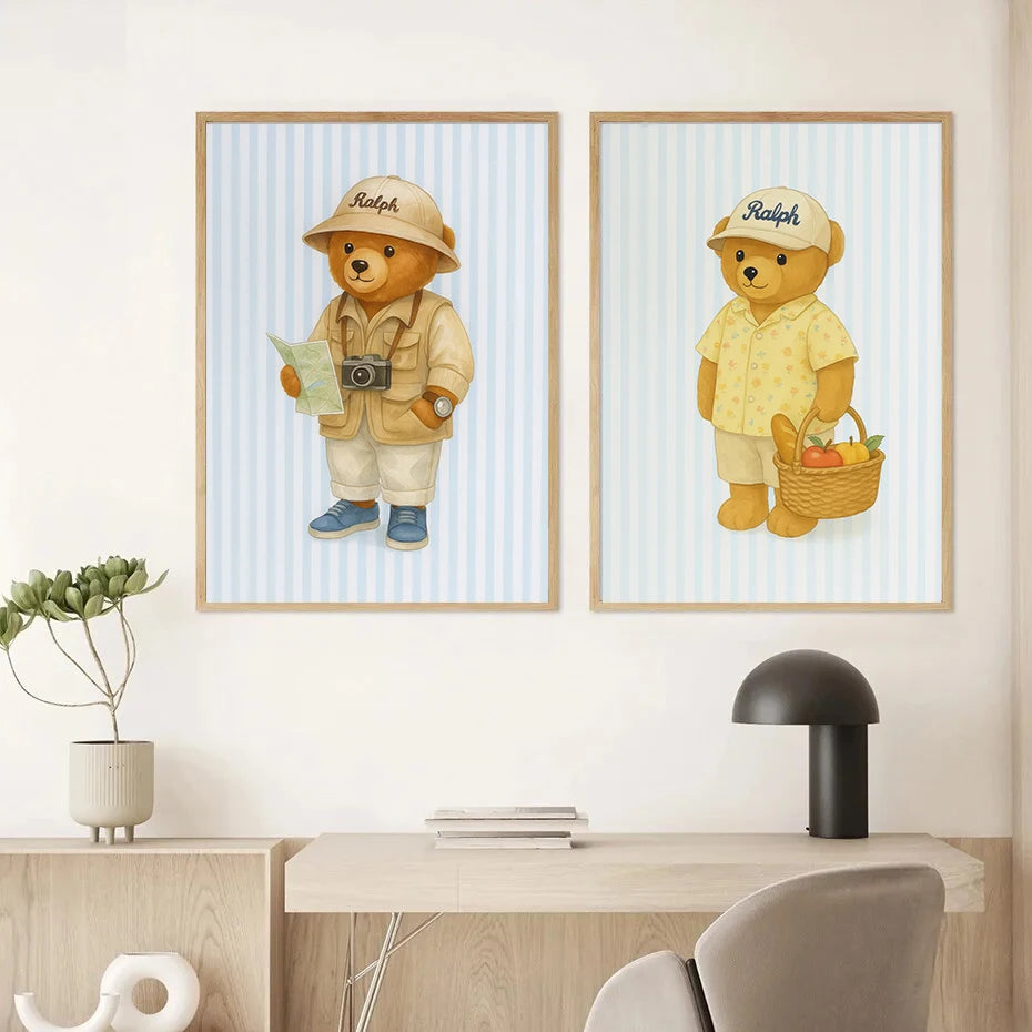 Skating Teddy Bear Playing Guitar Reading Blue Striped Poster Canvas Painting Print Wall Art Picture for Living Room Home Decor Peaceful Pleasures Health and Wellness