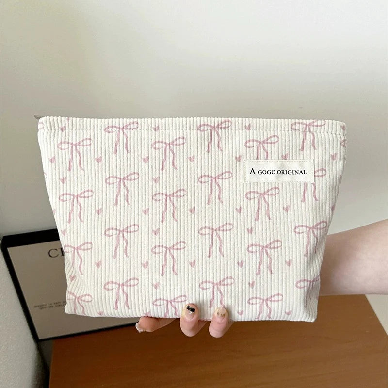 Corduroy Travel Makeup Bag with Bow – Zipper Cosmetic Pouch