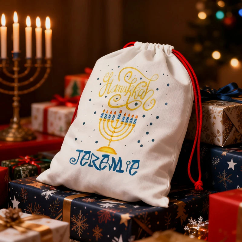 Personalized Hanukkah Drawstring Gift Bag | Gold Menorah Design Holiday Gift Bag Peaceful Pleasures Health and Wellness