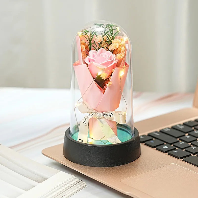 Romantic Gift Everlasting Rose LED Glass Dome Bouquet Romantic Illuminated Ornament Perfect Valentine's Day Christmas Home Decor Peaceful Pleasures Health and Wellness