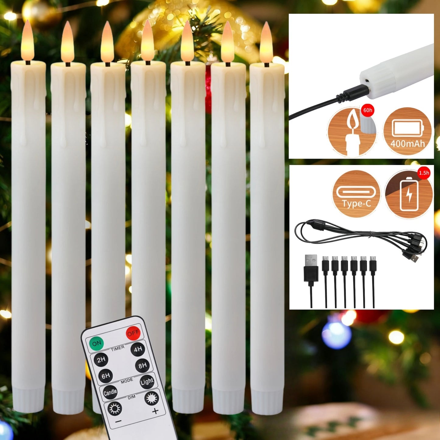 Rechargeable Flameless LED Taper Candles with Timer & Remote 6pk