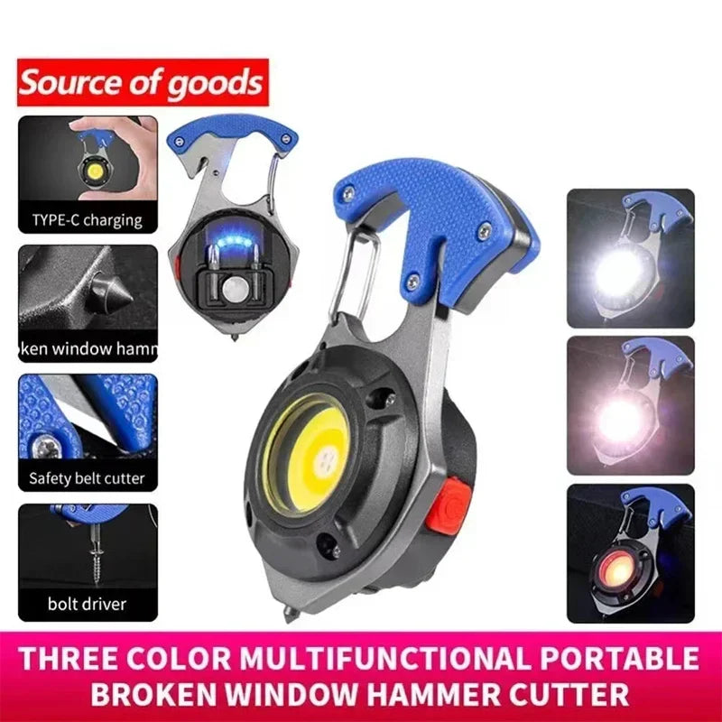 Mini COB Keychain Flashlight 7 Modes + Emergency Escape Tool