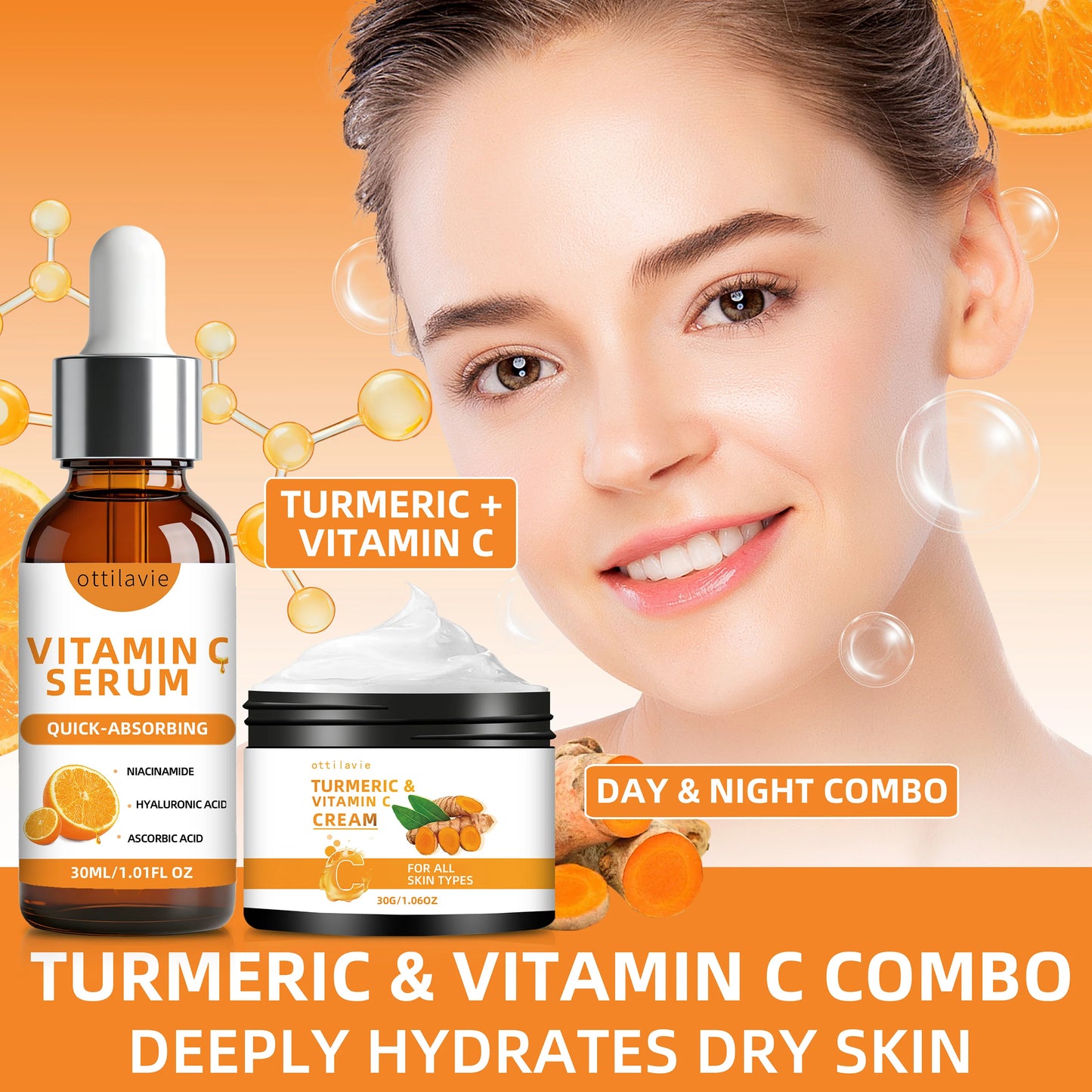 Ottilavie Turmeric & VC Cream+Serum Skincare Duo Set, ace/Neck/Body,Unisex,All Skin Types, Lightweight Daily,Non-greasy Peaceful Pleasures Health and Wellness